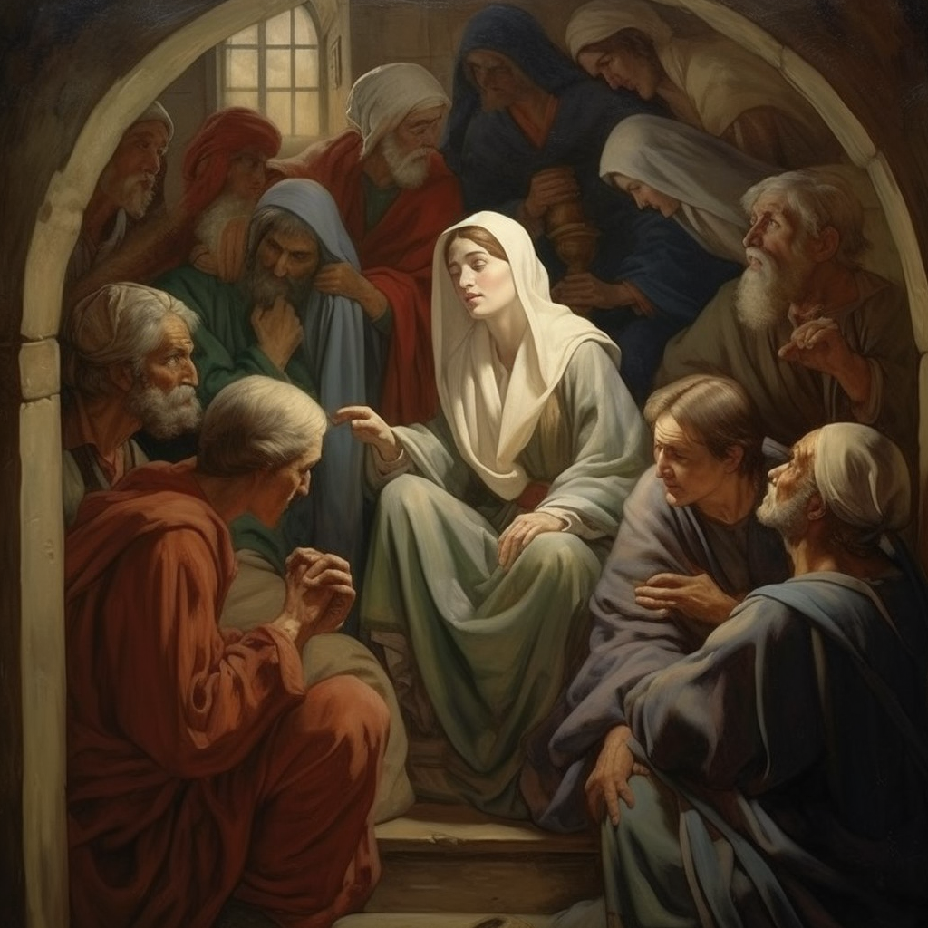 Mary, in a blue robe, at the centre is speaking to the other disciples in an image in the style of Millais.