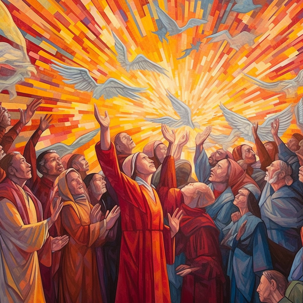 In mosaic style, a gathering of many people in red or blue robes with hands outstretched under a fireburst and many doves.