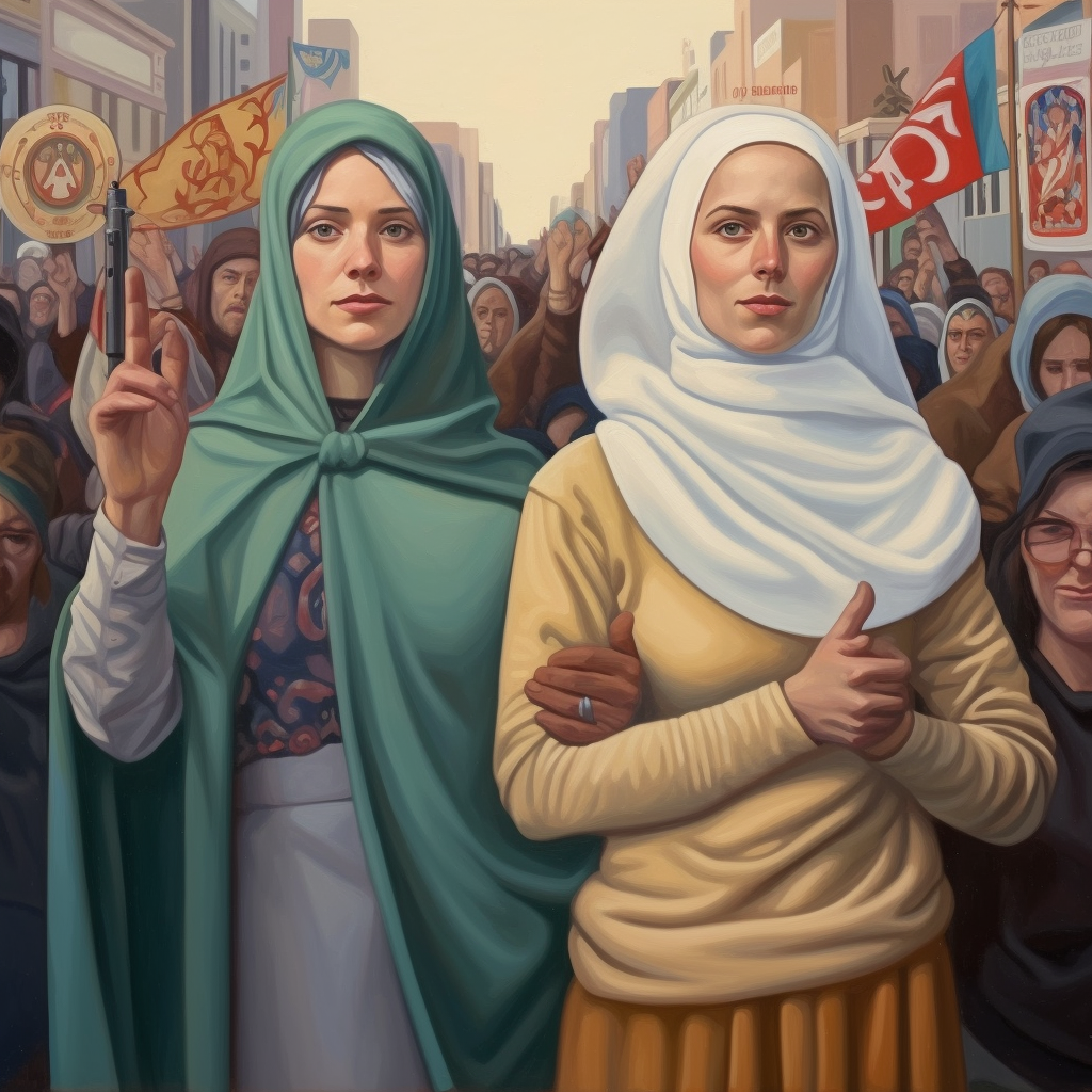 Two women, one in a blue-green veil and the other in white, stand at the front of a crowd in a city street.