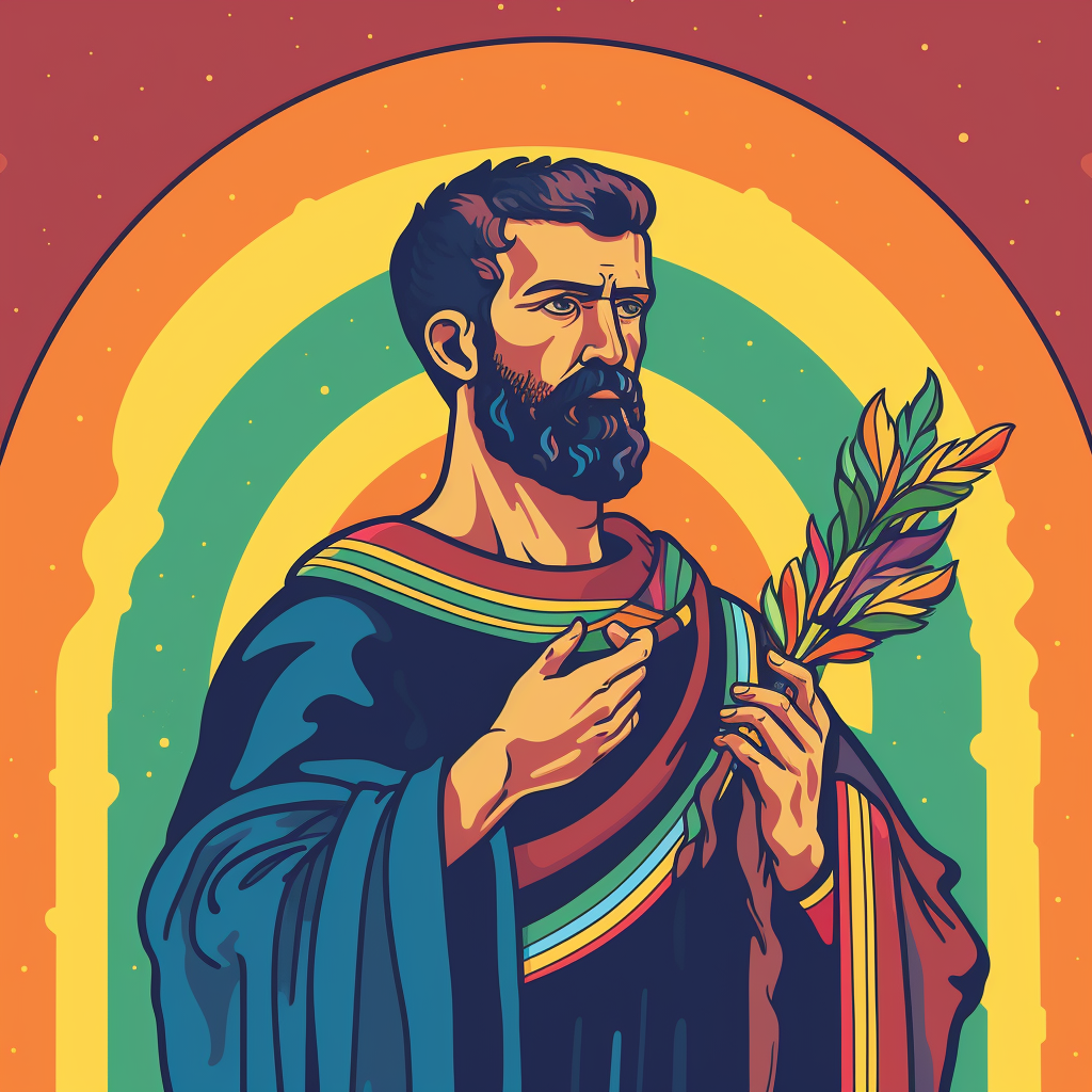 St Justin Martyr holding a stylized palm branch in comic book art style, all in rainbow colours.