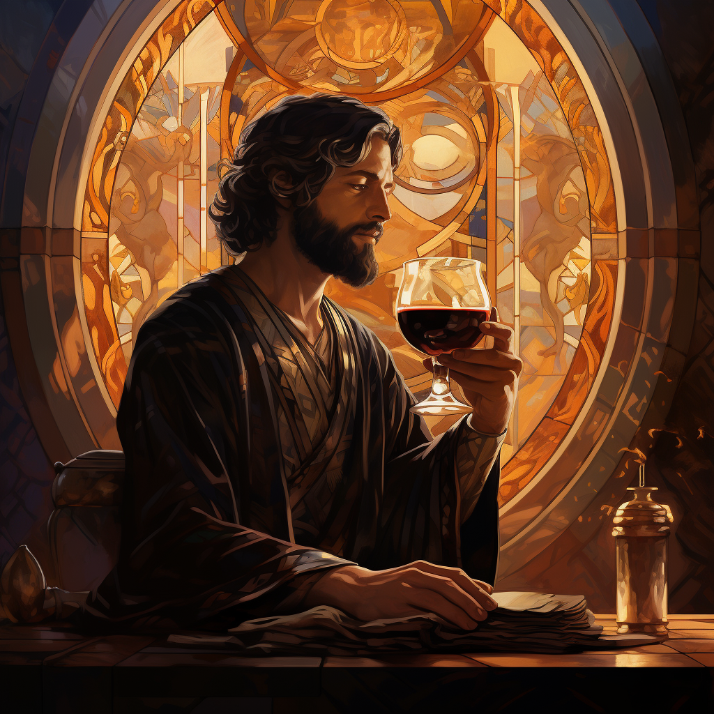 A bearded man holds a chalice of wine, contemplating whether he might drink from it.