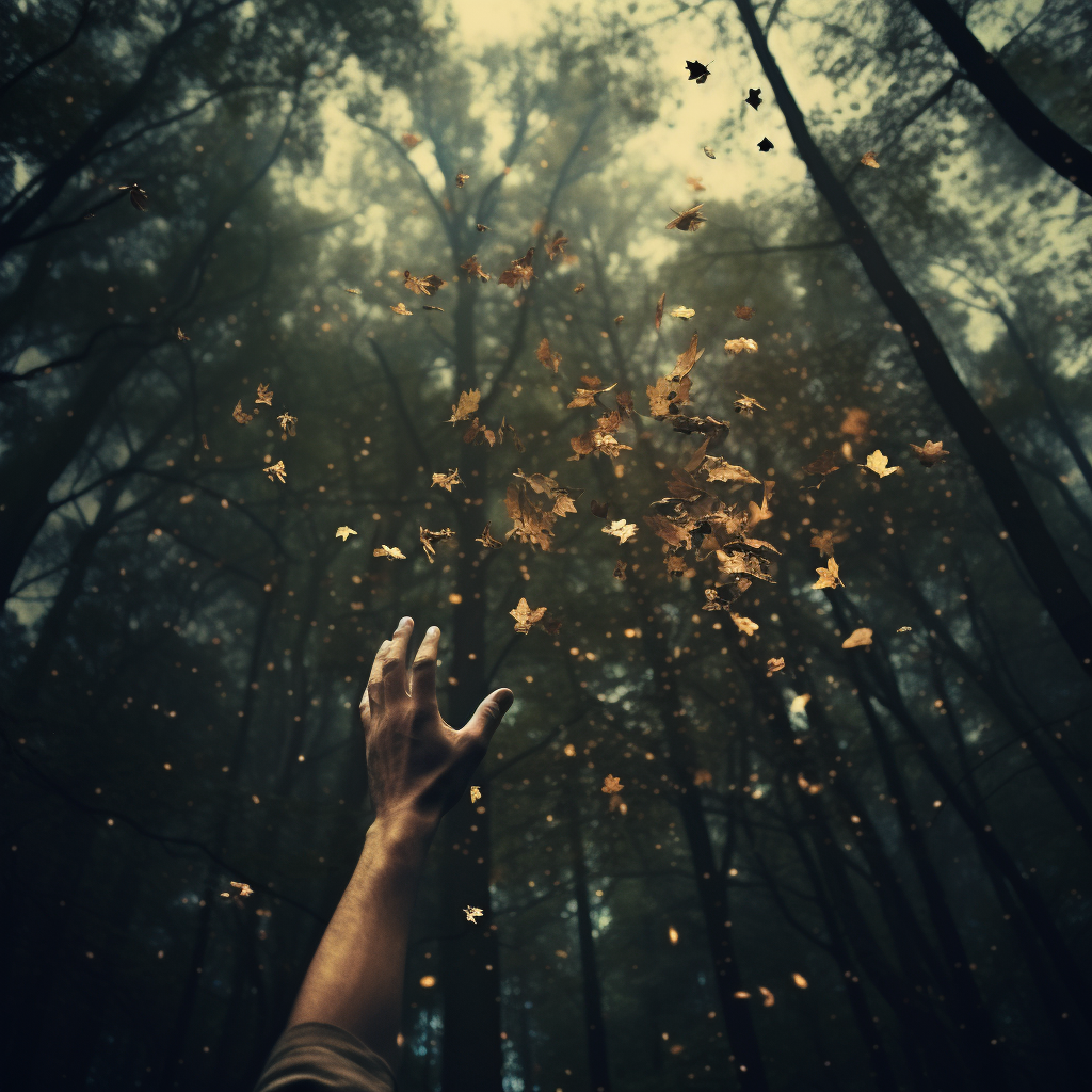 A hand reaches up to catch seeds falling from heaven. In the background, tall trees stretch to a bright sky.