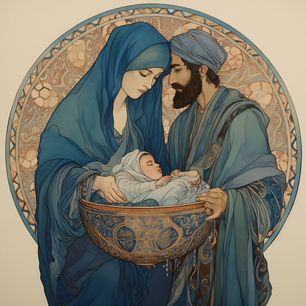 Parents hold an intricate basket in which sleeps a baby girl, swaddled in blue cloth.