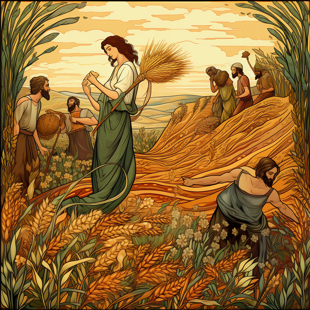 Many people working to gather a harvest which includes both grain and weeds.