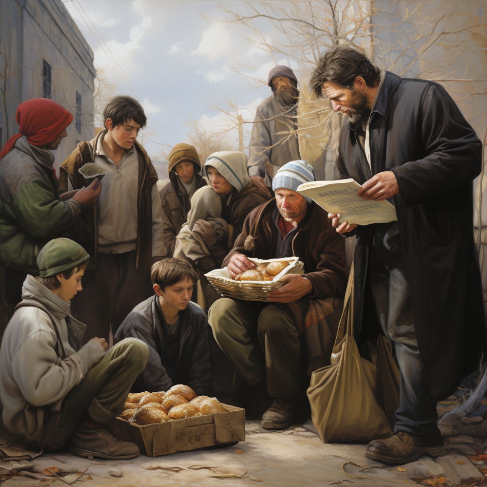 A man holding a book speaks to people receiving bread from baskets.